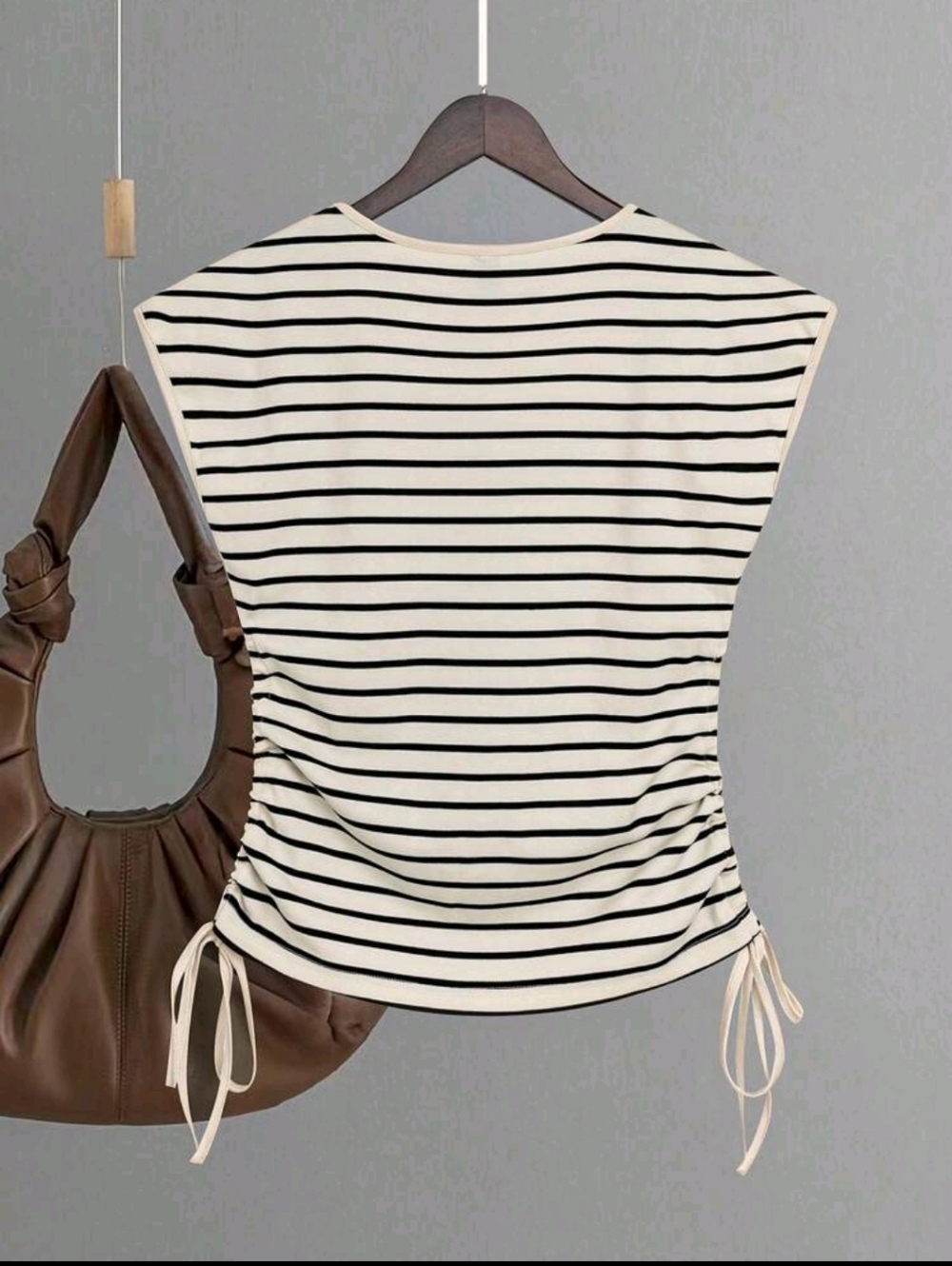 Women's Striped V-Neck Side-Tie Top - Cream/Black - Picture 3 of 6